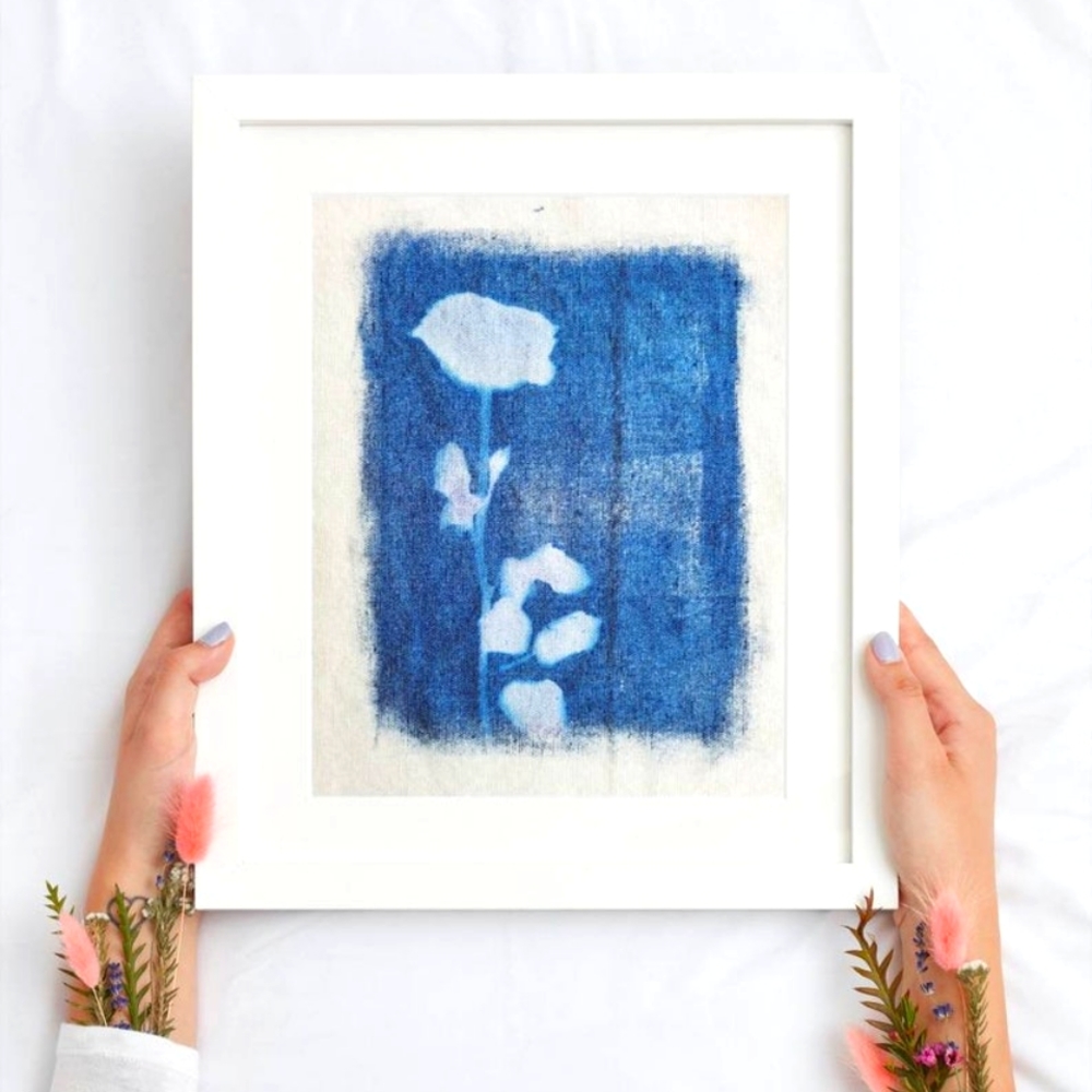 Handmade Rose Cyanotype Canvas Botanical Floral Blue Print Textile Art